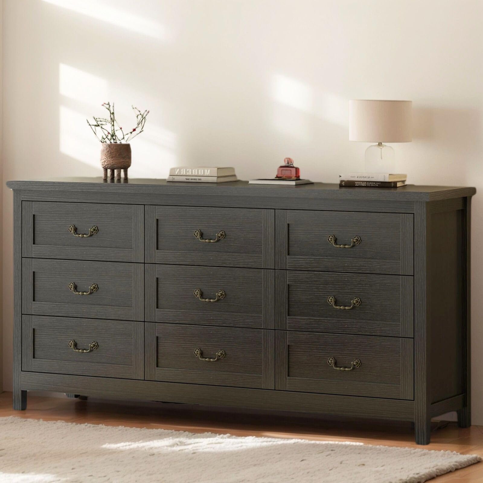 Farmhouse 9 Drawer Dresser for Bedroom, 63" Wide Long Chest of Drawers with Deep Drawers & Vintage Handle, Storage Dresser Organizer, TV Stand for Bedroom, Living Room (White)