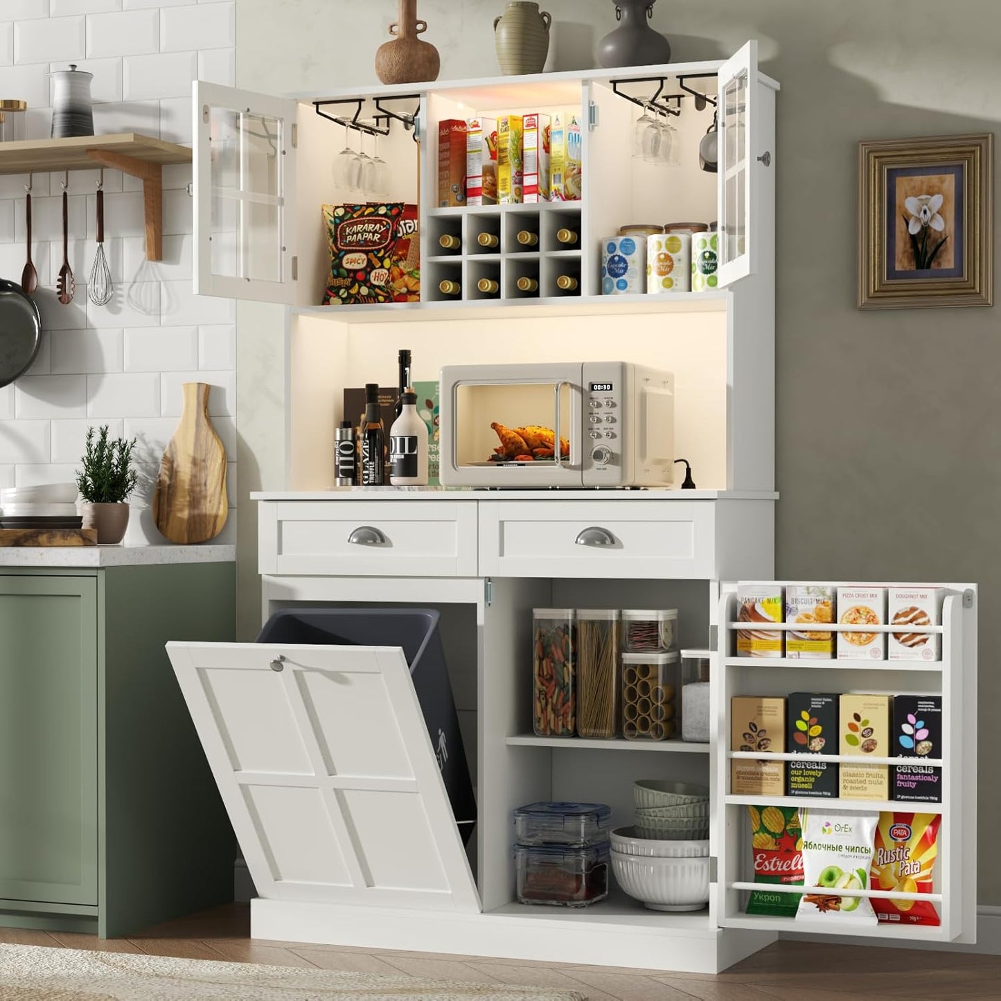 Kitchen Pantry Cabinet with Trash Can Storage, White Kitchen Hutch with Power Outlet & LED Light, Tall Bar Cabinet with Drawers & Wine Rack & Microwave Stand, Modern Pantries for Home (White)