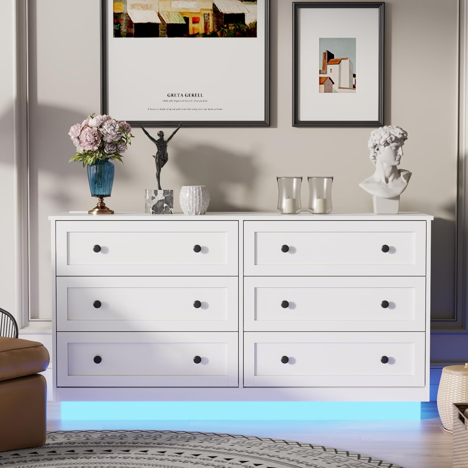 6 Drawer Dresser with Power Outlet and LED Light, Modern Floating Storage Dresser for Bedroom, Living Room