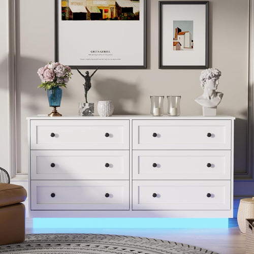 6 Drawer Dresser with Power Outlet and LED Light, Modern Floating Storage Dresser for Bedroom, Living Room
