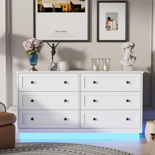 6 Drawer Dresser with Power Outlet and LED Light, Modern Floating Storage Dresser for Bedroom, Living Room