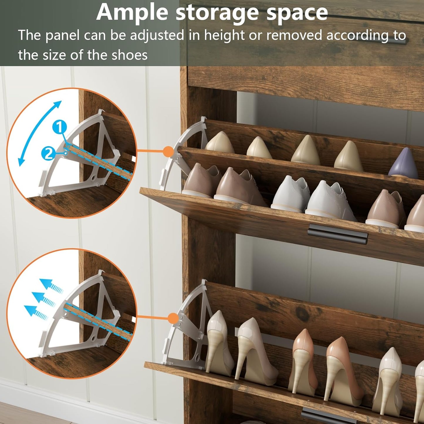 Shoe Storage Cabinets, 16 Pairs Free Standing Shoe Organizer with 2 Flip Drawers for Entryway, Narrow 3 Tier Entryway Hidden Shoe Rack with Doors (Upgraded Rustic)