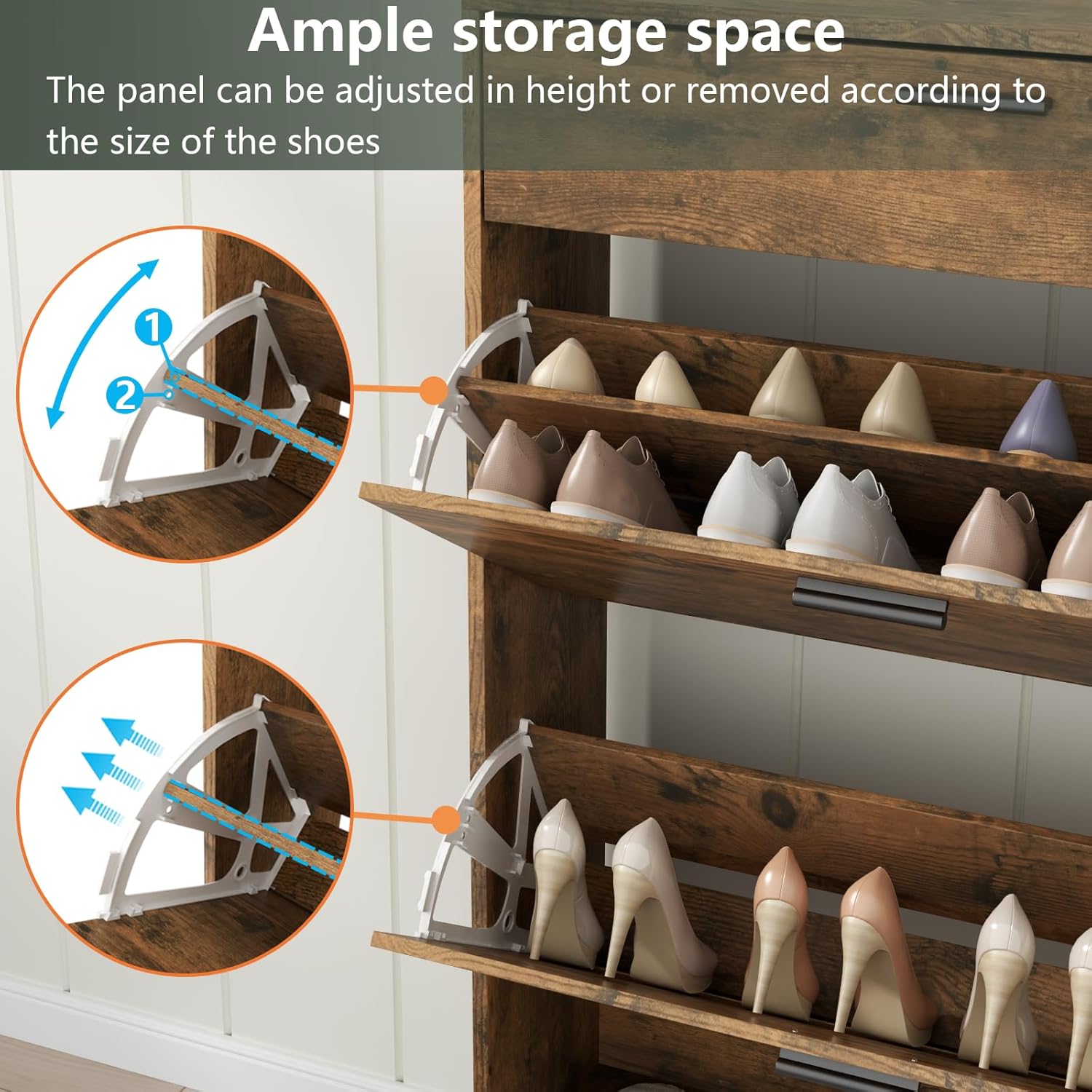 Shoe Storage Cabinets, 16 Pairs Free Standing Shoe Organizer with 2 Flip Drawers for Entryway, Narrow 3 Tier Entryway Hidden Shoe Rack with Doors (Upgraded Rustic)