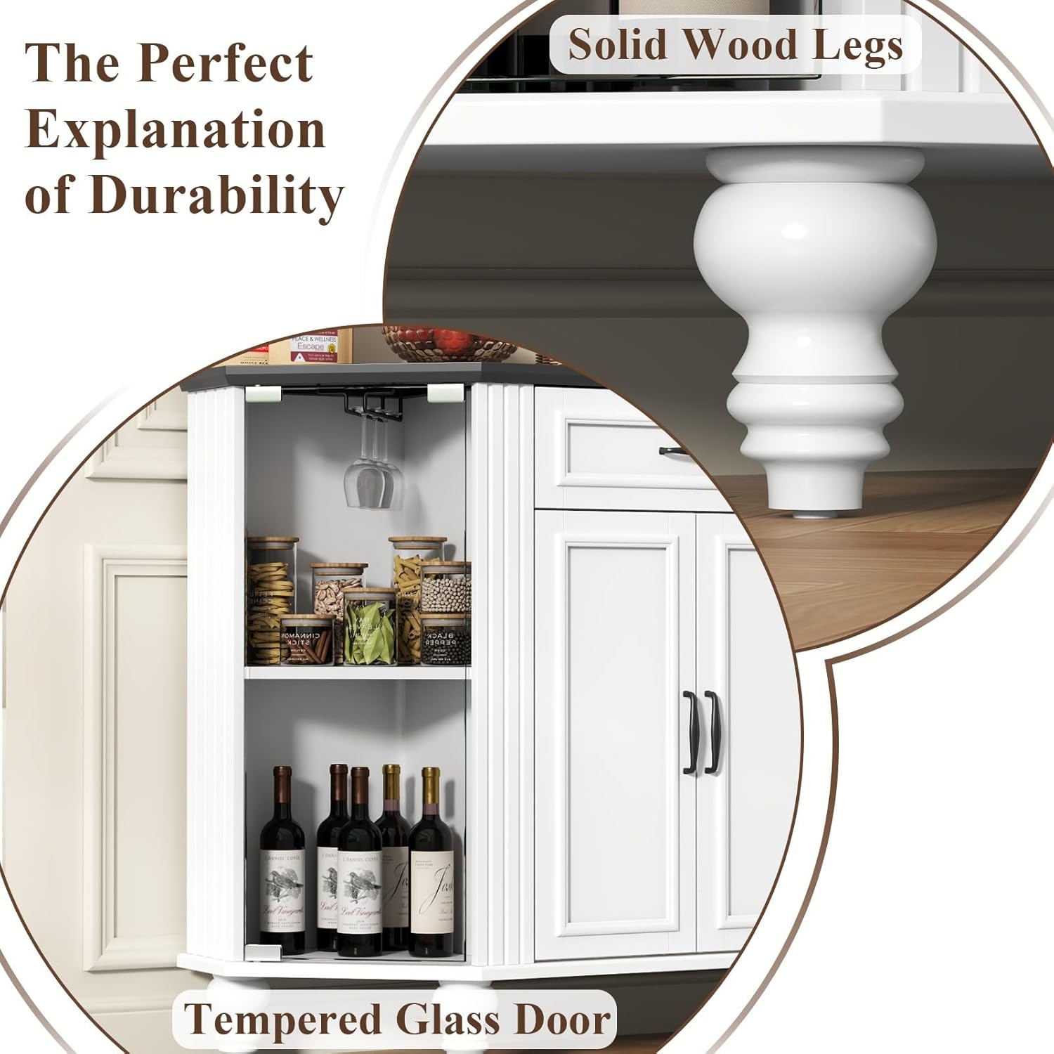 Buffet Cabinet with Storage, Farmhouse Kitchen Sideboard Cabinet with Solid Wood Legs Coffee Bar Storage with Glass Door Side Shelves for Kitchen, Dining Room, Entryway