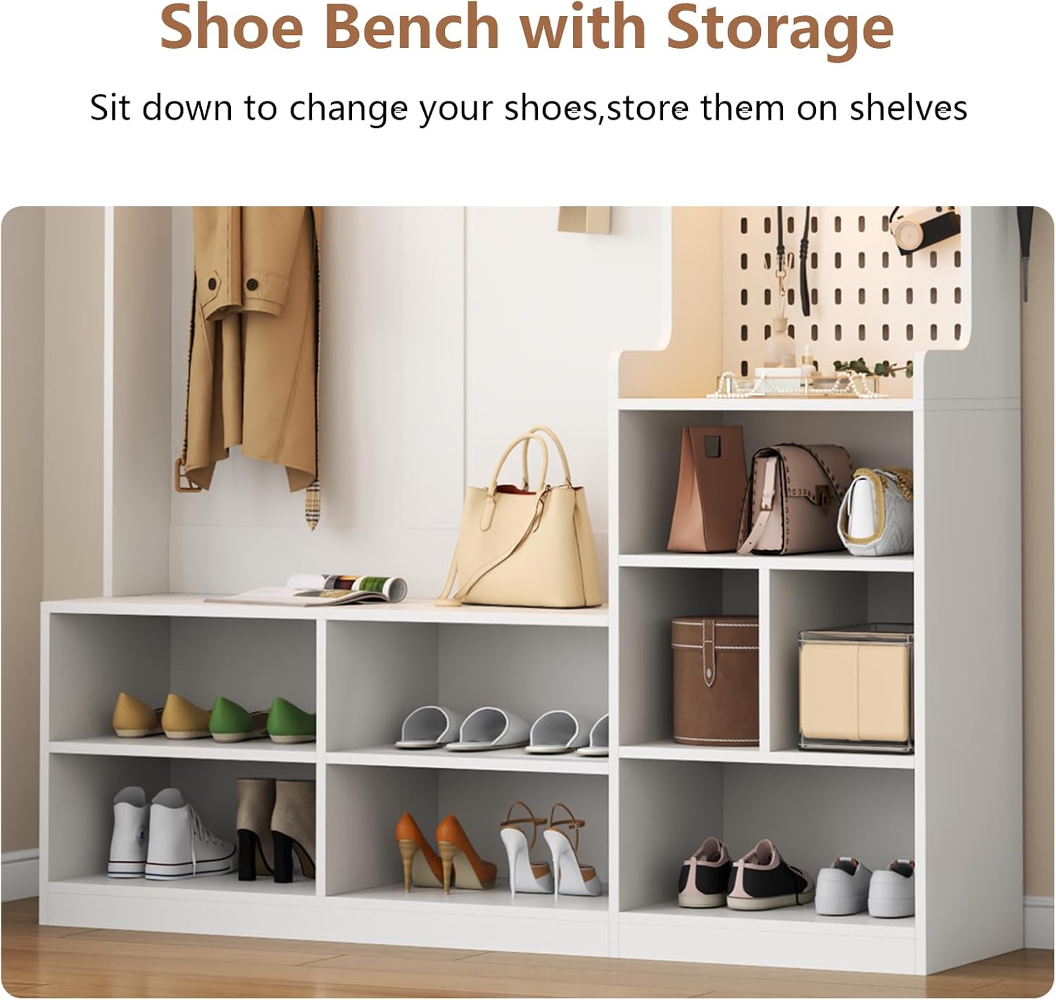 Hall Tree with Shoe Storage, Entryway Bench with Coat Rack & LED Lights, Modern Hall Trees with 9 Cubbies & 5 Hooks, Mudroom Coat Rack Cabinet, White