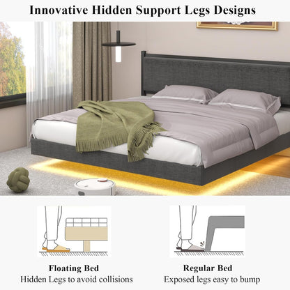 King Floating Bed Frame with LED Light, Modern Upholstered Platform Bed Frame with Double Beams, No Box Spring Needed, Innovative Stable Structure, Easy Assemble (Grey, King (U.S. Standard))