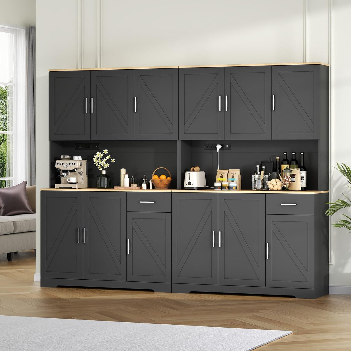 Gyfimoie 71’’ Farmhouse Kitchen Pantry Cabinet, Tall Storage Cabinet with Power Outlet, Freestanding Hutch with Drawer, 4 Adjustable Shelf & 6 Doors for Kitchen Living Room (Black)