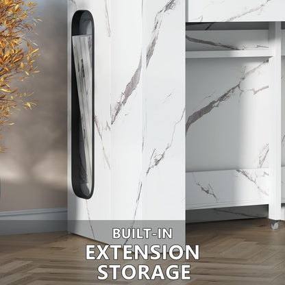 Extendable Dining Table with Charging Station & LED Lights, 19.7" to 98.4" White Faux Marble Dining Table, Rectangle Console Table for 2-8, Modern Space Saving Kitchen Island Table (No Chairs)