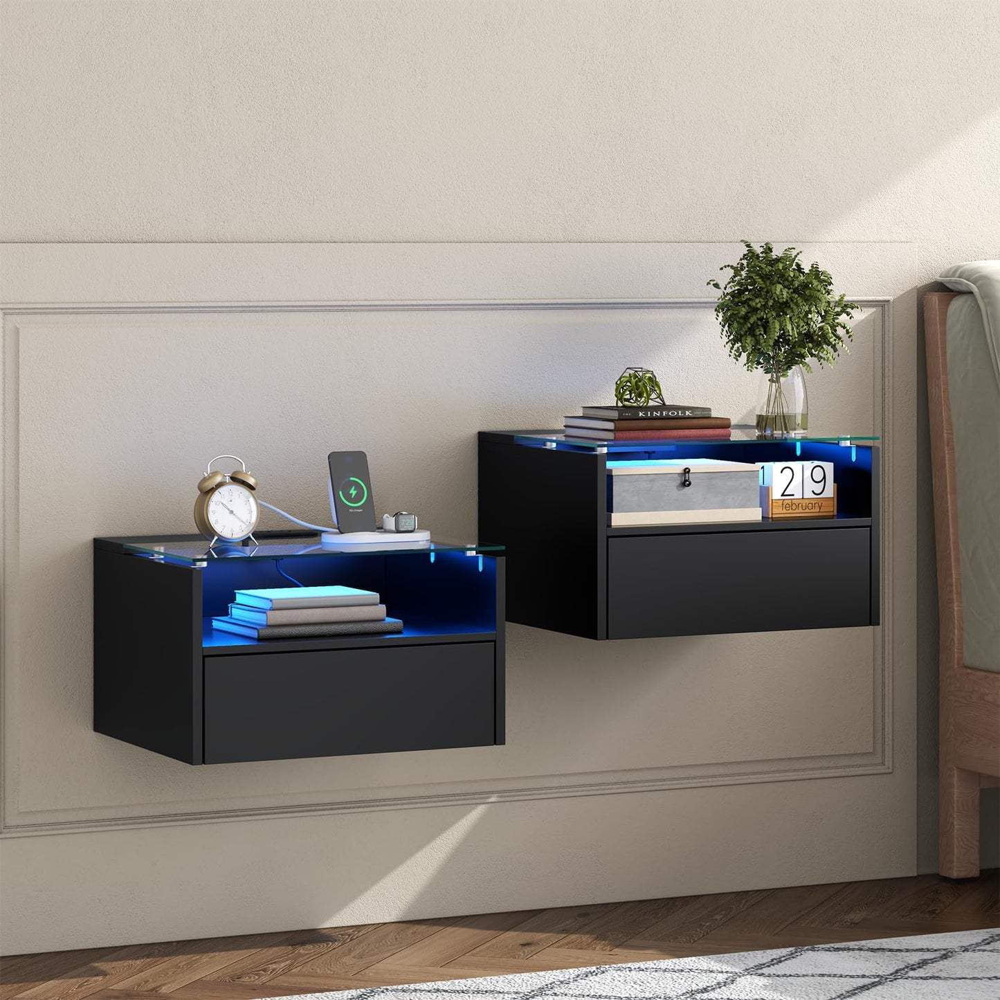 Floating Nightstand with Charging Station, Floating Night Stand with Charging Station and LED, Night Stand for Living Room, Entryway Wall, Bedroom White Nightstand