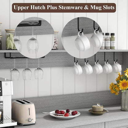 Farmhouse Bar Cabinet with Hutch, Kitchen Buffet Cabinet with Storage Cabinet & 3 Sliding Drawers, Adjustable Shelf, Goblet Holder, Cup Hooks for Living Room, Dining Room Use (Grey)