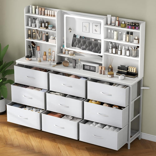 Dresser with Mirror for Bedroom, 59" W Chest of Drawers with LED Mirror, White Dresser with 9 Large Fabric Drawers, Modern Makeup Table Vanity Desk with 6 Storage Shelves, 3 Lighting Modes