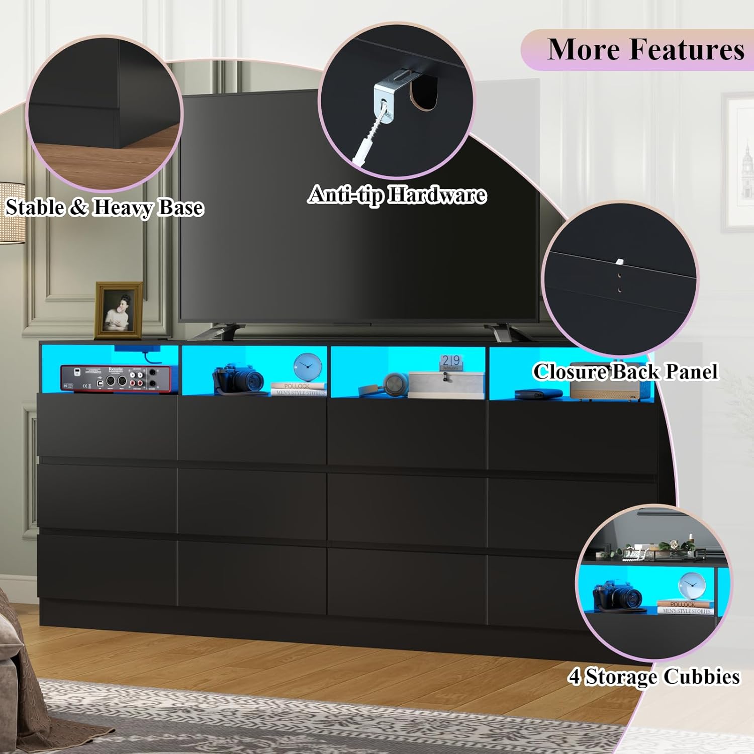 63" Wide 6-Drawer Black Dresser with Divided Compartments, Charging Station & LED Lights, TV Stand for TVs up to 75", Large Organizer with 4 Open Cubbies
