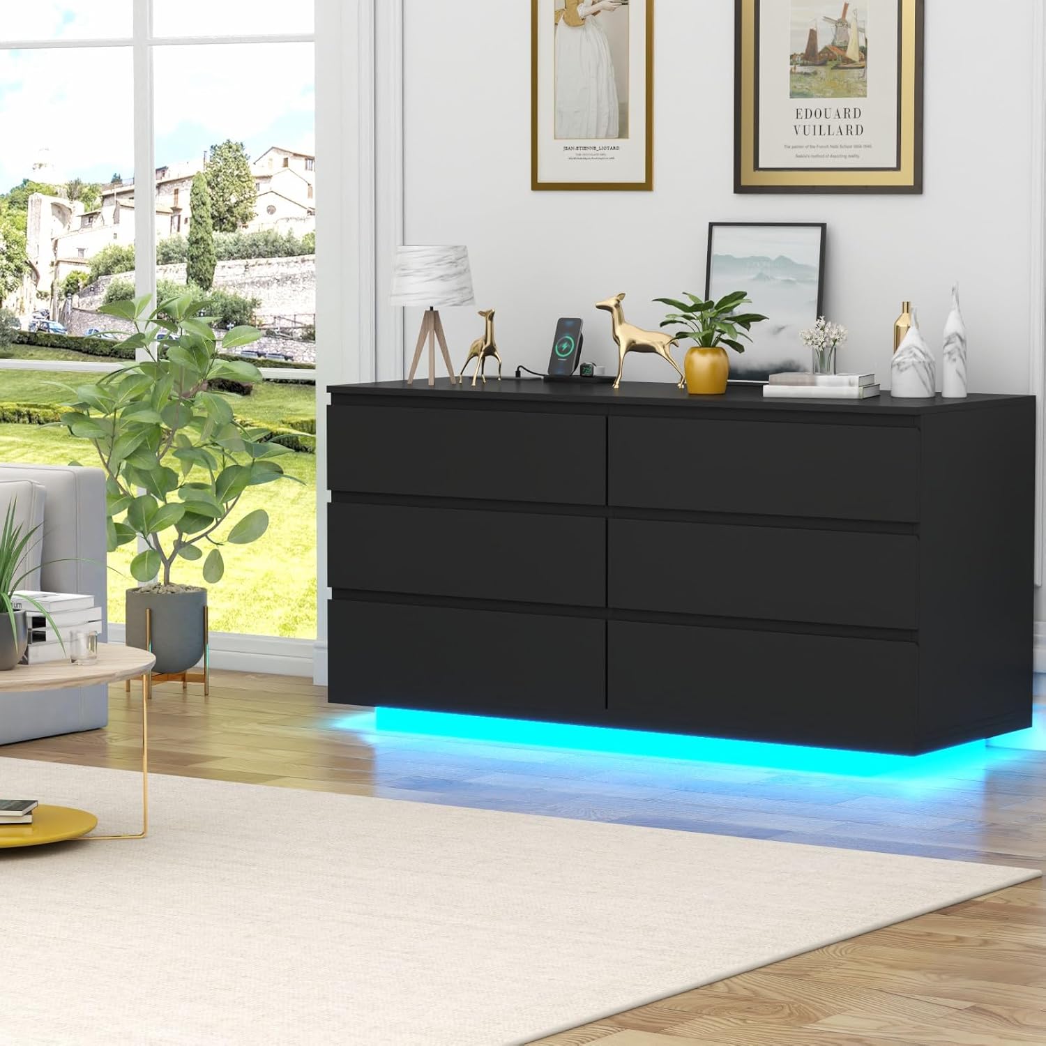 6 Drawer Dresser with Power Outlet, Floating White Dresser Chest of Drawer with LED Light,Modern Double Wide Drawer Organizer Cabinet for Bedroom,Living Room (Black)
