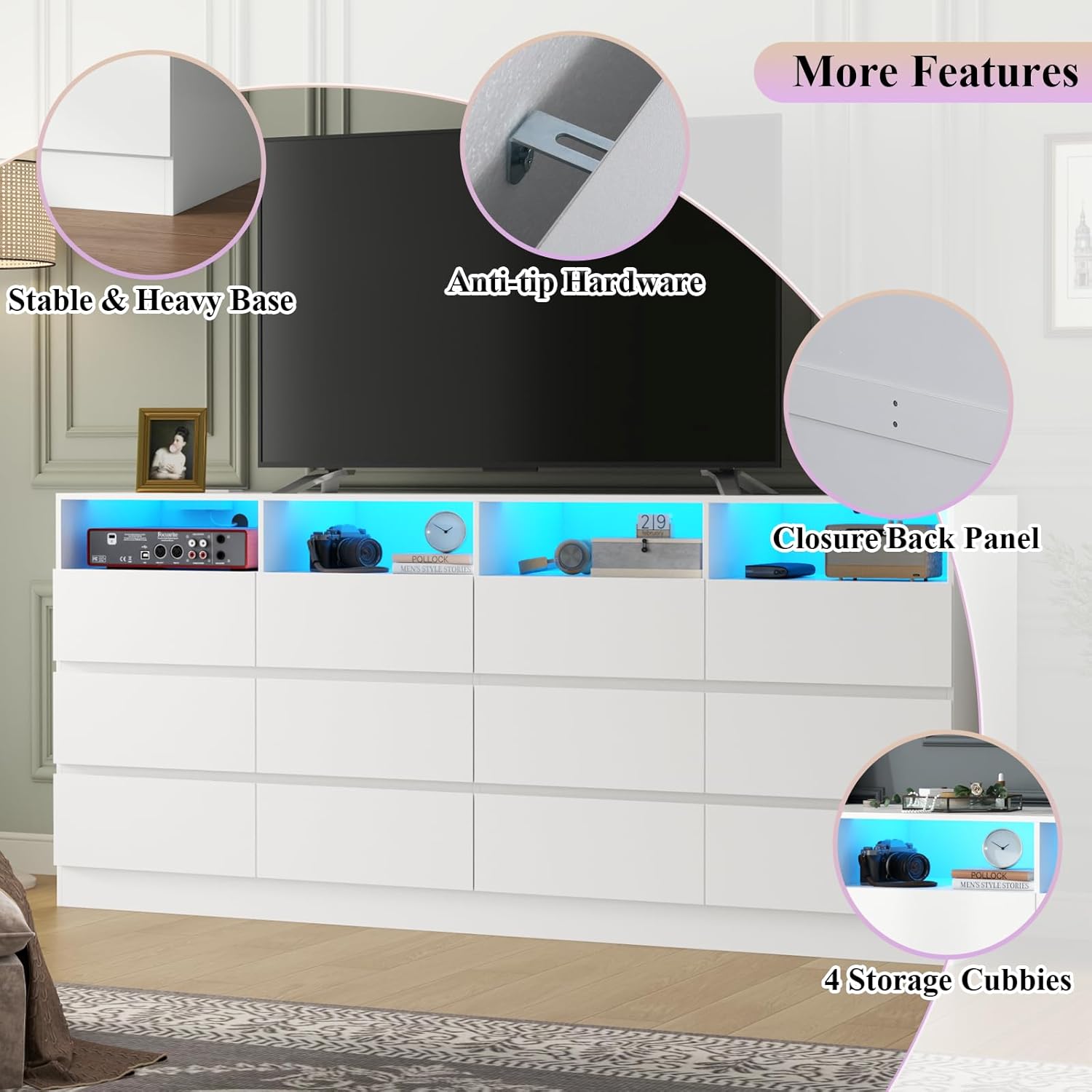 63" Wide 6-Drawer White Dresser with Divided Compartments, Charging Station & LED Lights, TV Stand for TVs up to 75", Large Organizer with 4 Open Cubbies
