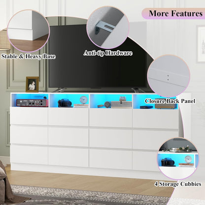 63" Wide 6-Drawer White Dresser with Divided Compartments, Charging Station & LED Lights, TV Stand for TVs up to 75", Large Organizer with 4 Open Cubbies