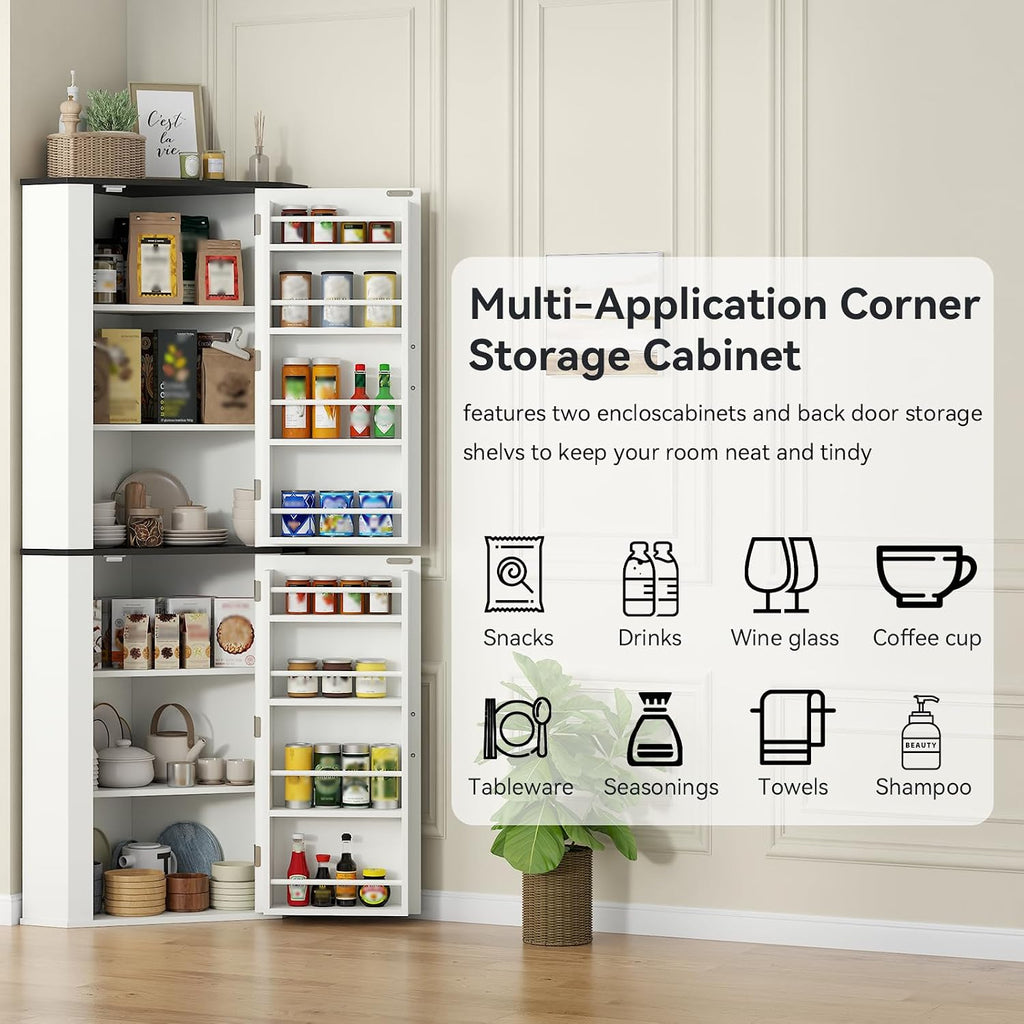 Corner Cabinet, Freestanding Kitchen Pantry Storage Cabinet, White Fluted