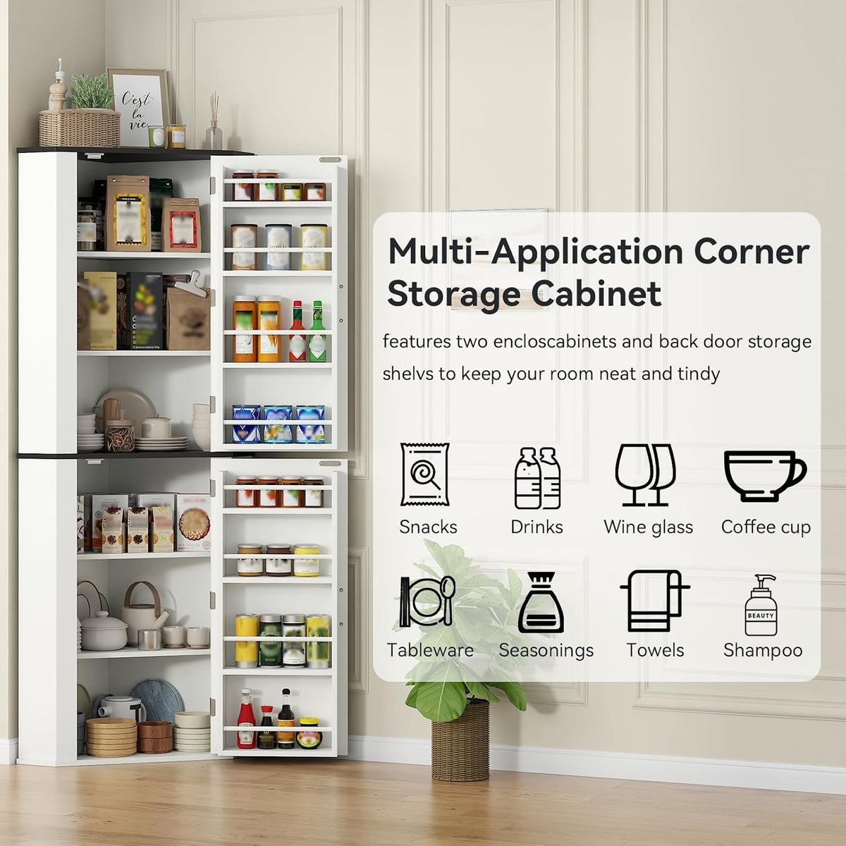 Corner Cabinet, Freestanding Kitchen Pantry Storage Cabinet, White Fluted