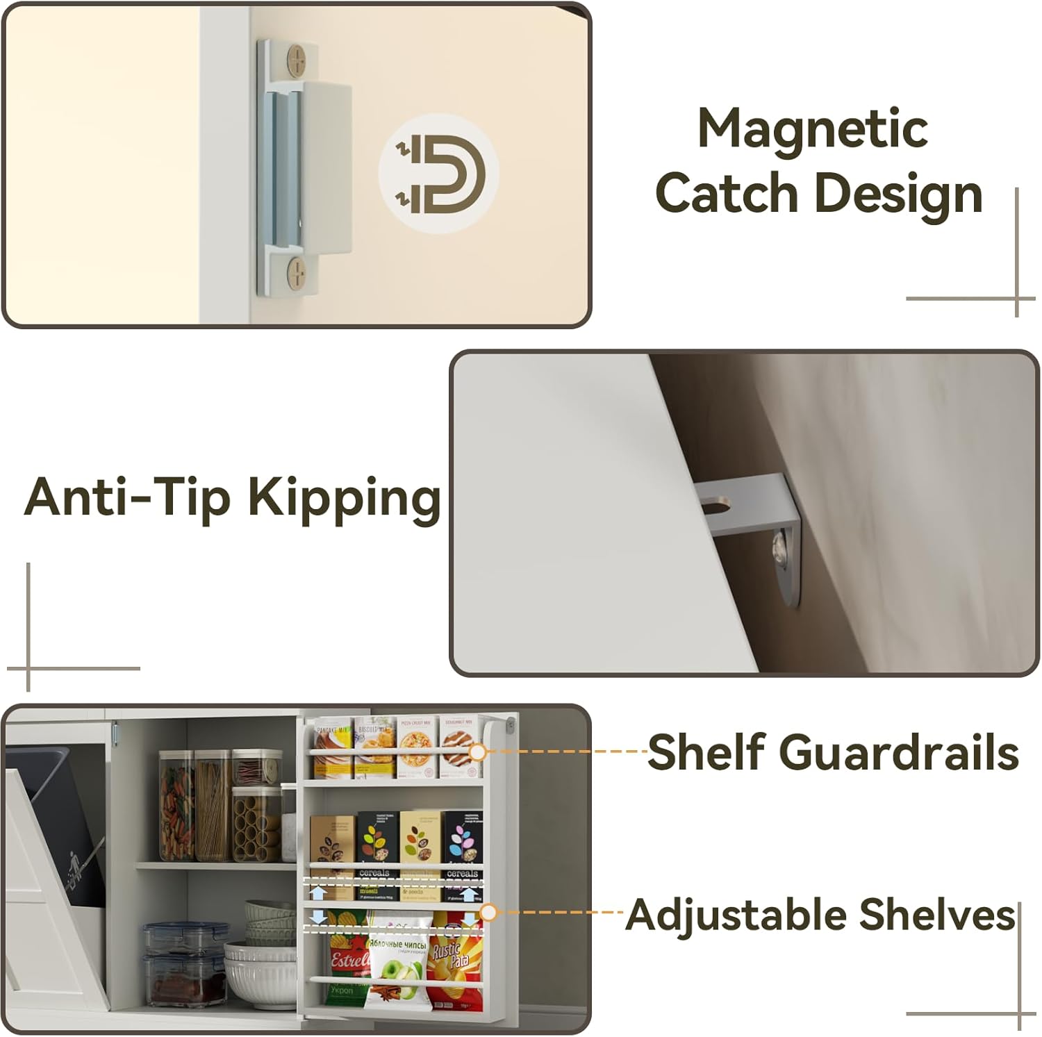 Kitchen Pantry Cabinet with Trash Can Storage, White Kitchen Hutch with Power Outlet & LED Light, Tall Bar Cabinet with Drawers & Wine Rack & Microwave Stand, Modern Pantries for Home (White)