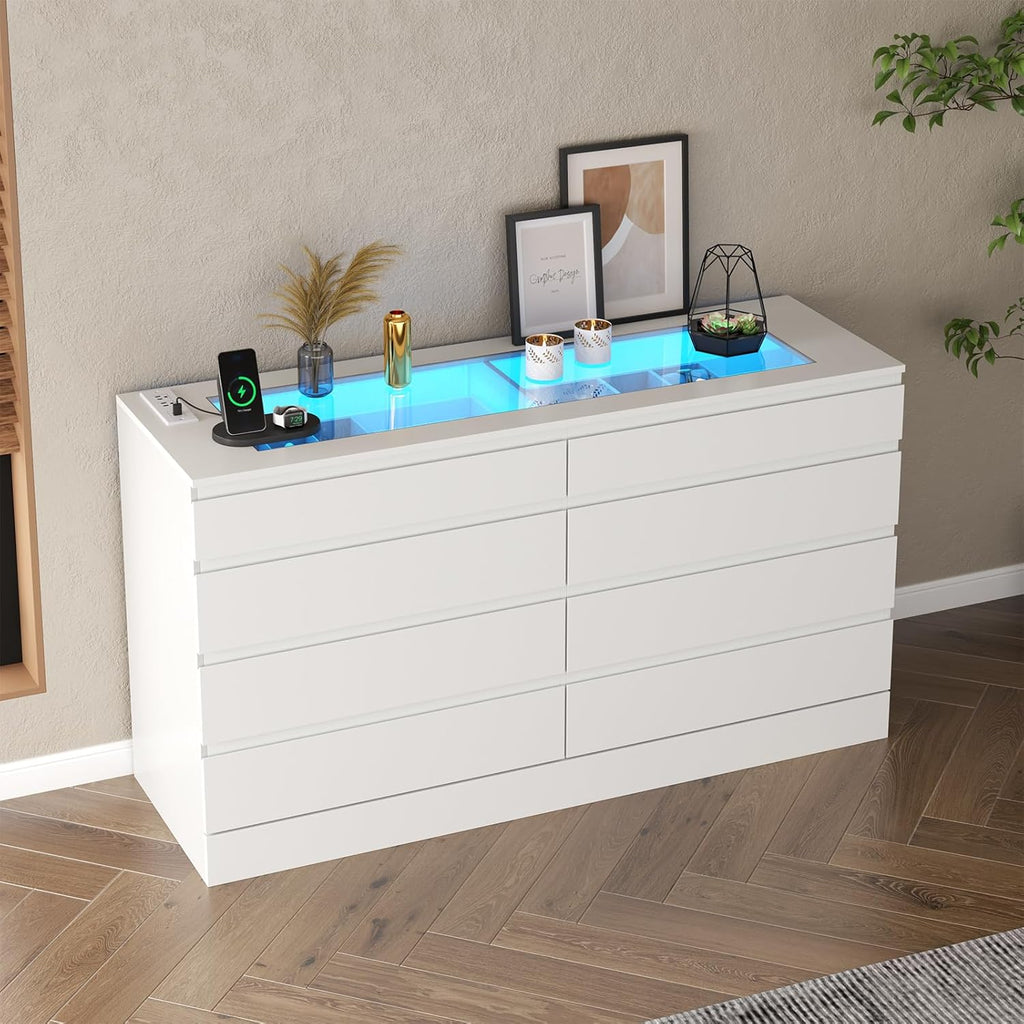 8 Drawer Dresser with Power Outlet, White Dresser for Bedroom Chest of Drawer with Glass Top & LED Light, Modern Double Wide Drawer Organizer Cabinet for Living Room (White)