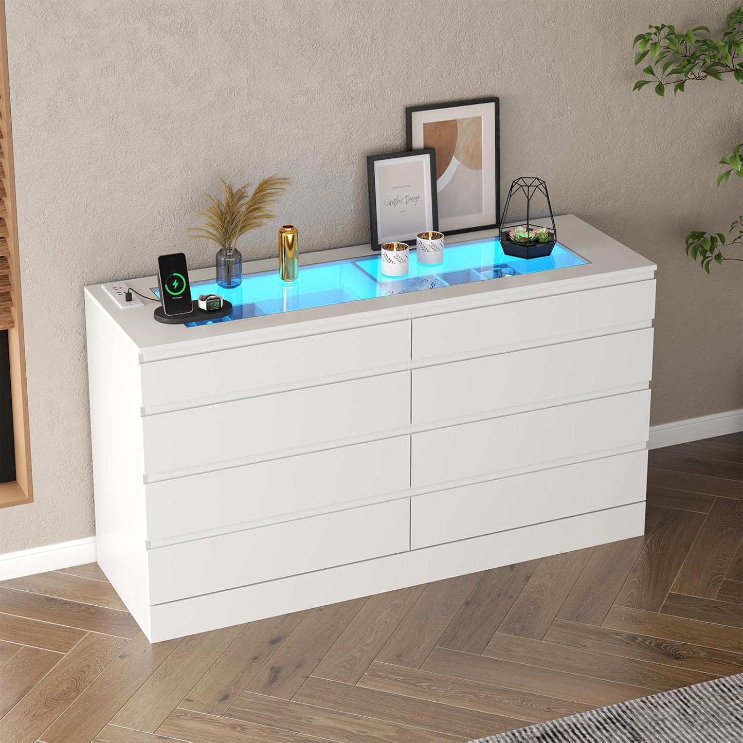8 Drawer Dresser with Glass Top & Power Outlet, White Dresser for Bedroom with LED Light, Modern Chest of Drawer Double Wide Drawers Organizer Cabinet for Bedroom, Living Room (White)