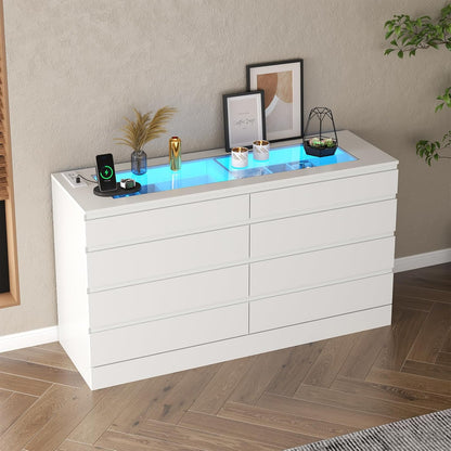 8 Drawer Dresser with Glass Top & Power Outlet, White Dresser for Bedroom with LED Light, Modern Chest of Drawer Double Wide Drawers Organizer Cabinet for Bedroom, Living Room (White)
