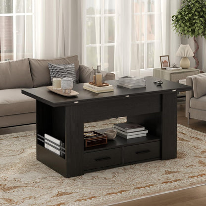 Lift Top Coffee Table, 4 in 1 Multi-Function Coffee Table with Storage Shelf and Hidden Compartment, Center Table with Large Drawers, Converts to Dining Table for Living Room, Home Office (Black)