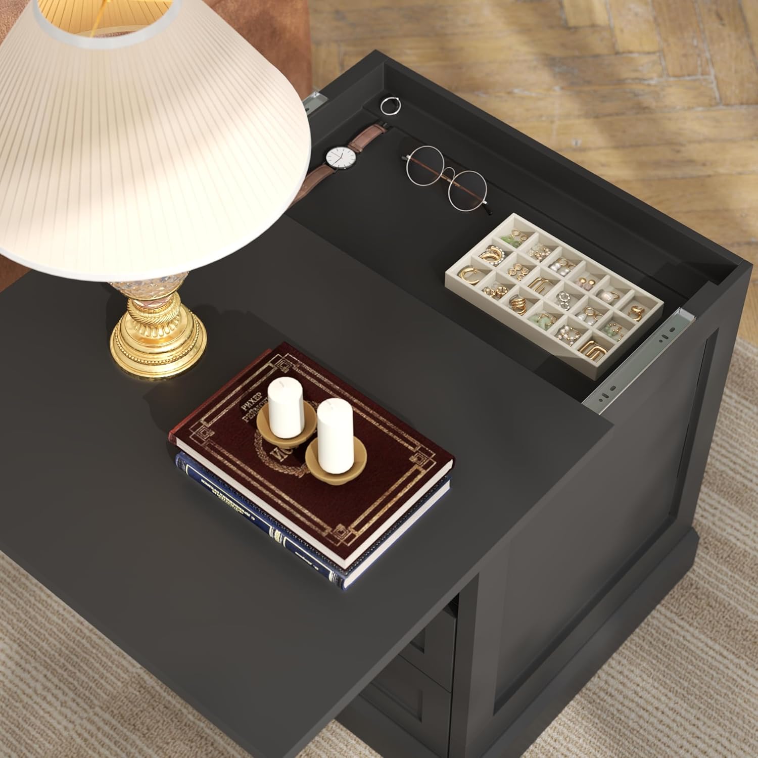 Nightstand with Hidden Storage Space, Night Stand, End Table with Side Drawer, Bedside Table with Open Shelf, 2 Drawers Dresser for Bedroom, Living Room, Closet (Black)