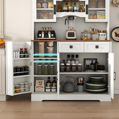 60" Tall Farmhouse Kitchen Pantry Storage Cabinet,Kitchen Hutch with Microwave Stand,Freestanding Buffet Pantry Cabinet with Glass Door and Adjustable Shelves for Dining Room (White)