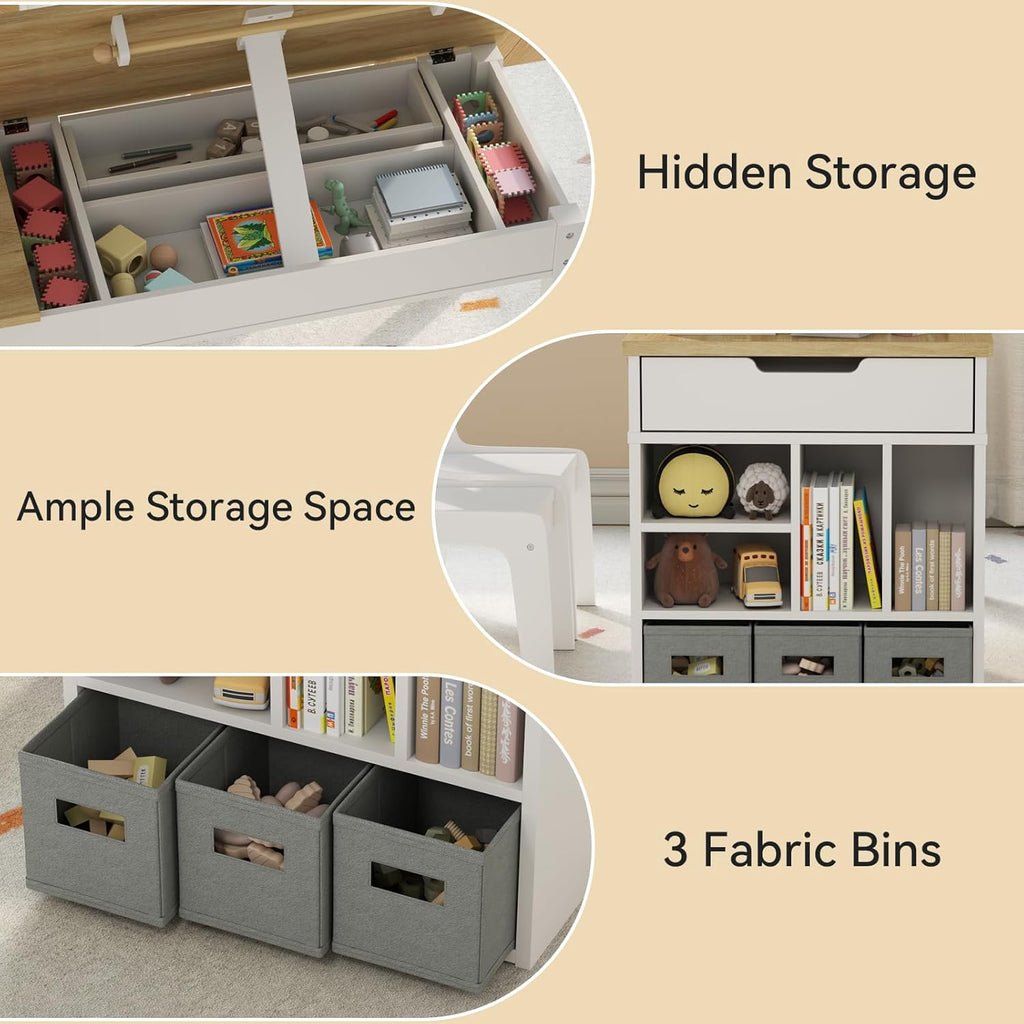 Kids Art Table and 2 Chairs Set,3 in 1 Wooden Craft Desk with 2 Drawers,3 Fabric Drawers,Storage Shelf,Paper Roll,Learning and Reading, Activity Play Desk for Home