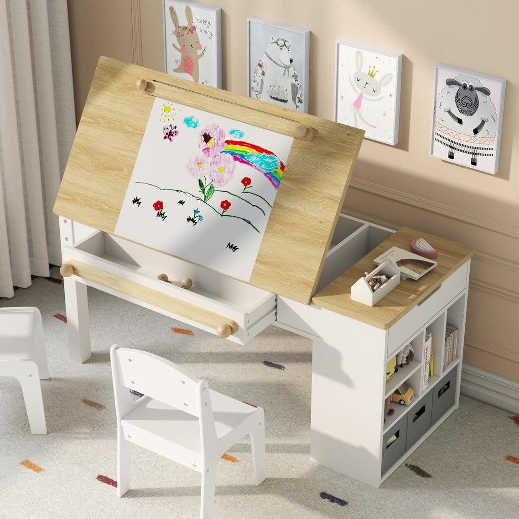 Kids Art Table and 2 Chairs Set,3 in 1 Wooden Craft Desk with 2 Drawers,3 Fabric Drawers,Storage Shelf,Paper Roll,Learning and Reading, Activity Play Desk for Home