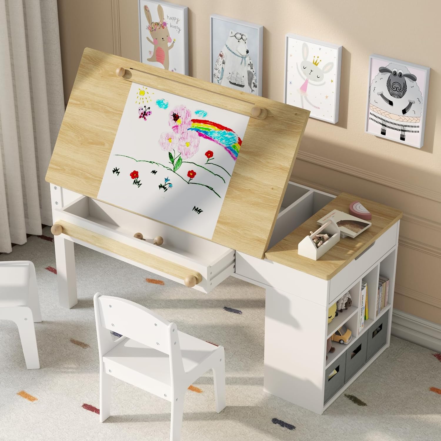 Kids Art Table and 2 Chairs Set,3 in 1 Wooden Craft Desk with 2 Drawers,3 Fabric Drawers,Storage Shelf,Paper Roll,Learning and Reading, Activity Play Desk for Home