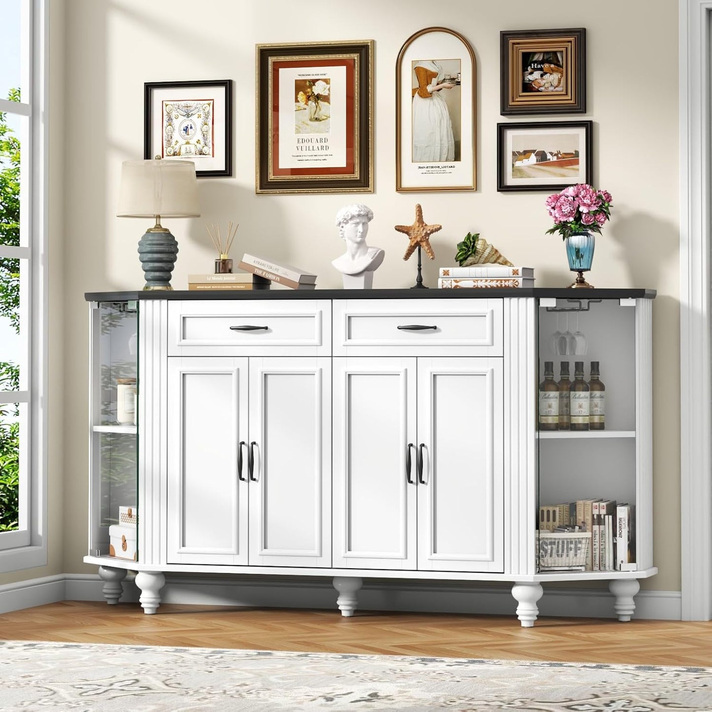 Buffet Cabinet with Storage, Farmhouse Kitchen Sideboard Cabinet with Solid Wood Legs Coffee Bar Storage with Glass Door Side Shelves for Kitchen, Dining Room, Entryway