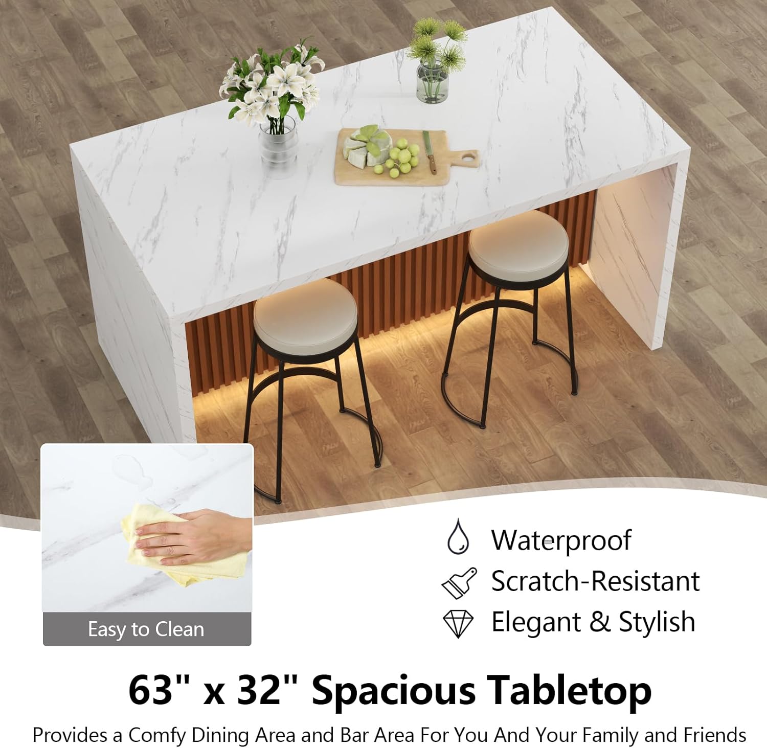 63" Large Imitation Marble Dining Table for 4-6 People(Patent Pending),Island Table with LED Lights, Mordern Marble Stripes Kitchen Dining Table with Grille design for Dining Room,Living Room (White)