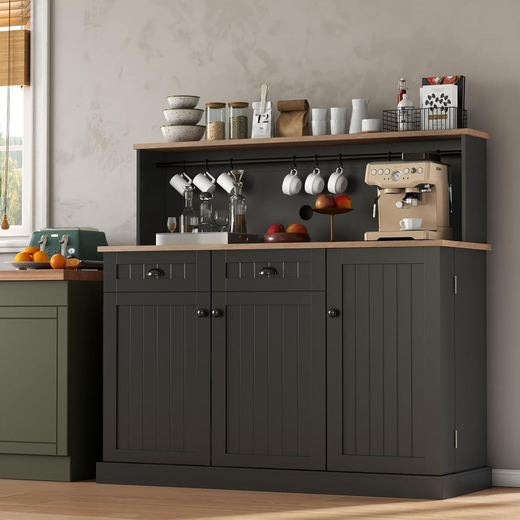 Sideboard Buffet Cabinet with 2 Drawers, Farmhouse Kitchen Pantry with Adjustable Shelves, Coffee Bar Cupboard Cabinet with 3 Doors for Kitchen, Dining Room (Black)