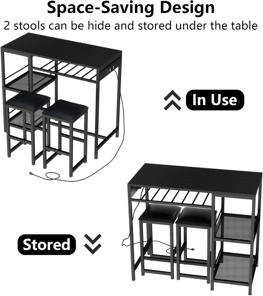 Bar Table and Chairs Set with Power Outlet, Pub Table and Chairs Set for 2 with 2 Storage Shelves, 3 Piece Table Set with Wine Rack&Glass Holder for Living Room,Dining Room,Small Apt (Black)
