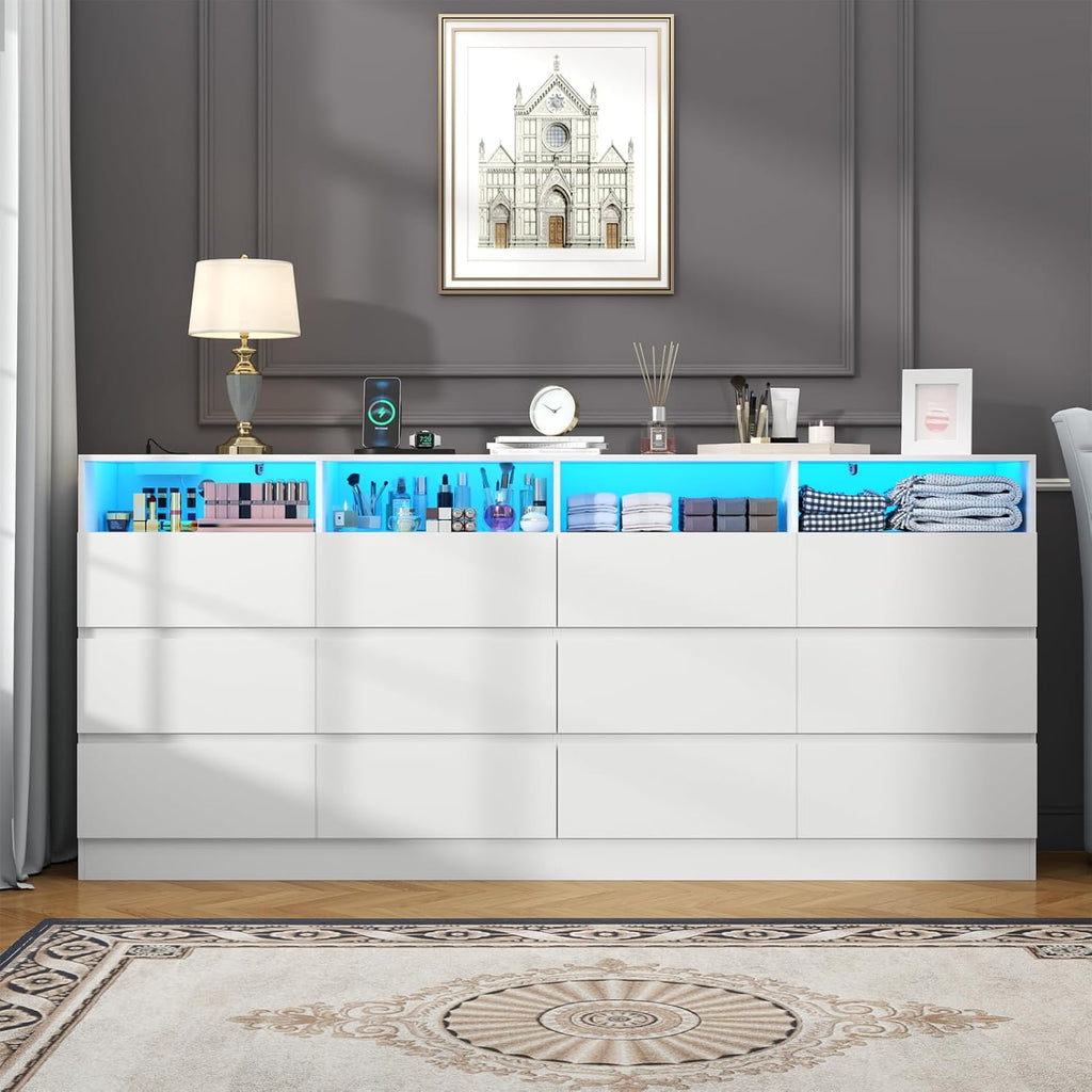 63" Wide 6-Drawer White Dresser with Divided Compartments, Charging Station & LED Lights, TV Stand for TVs up to 75", Large Organizer with 4 Open Cubbies
