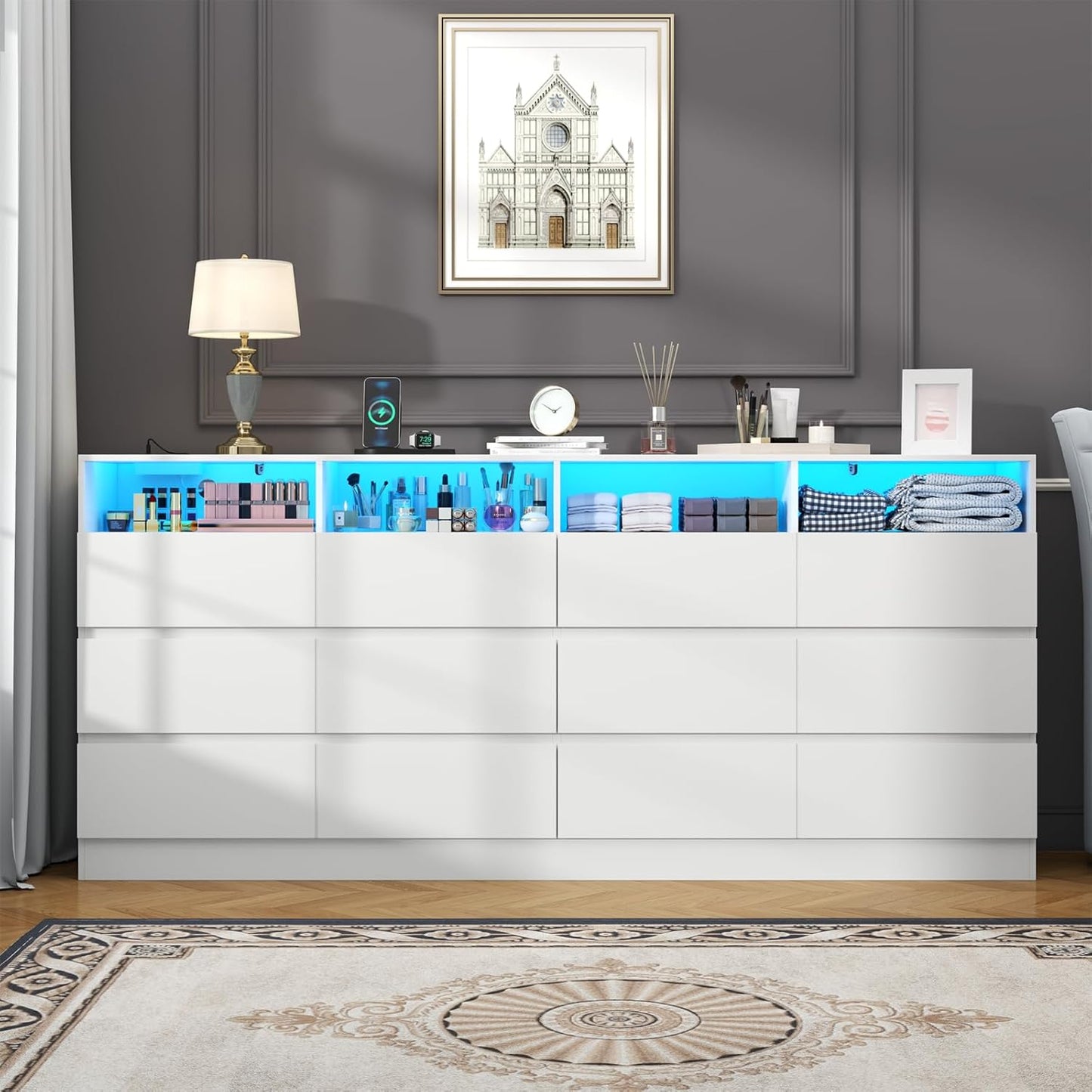 63" Wide 6-Drawer White Dresser with Divided Compartments, Charging Station & LED Lights, TV Stand for TVs up to 75", Large Organizer with 4 Open Cubbies