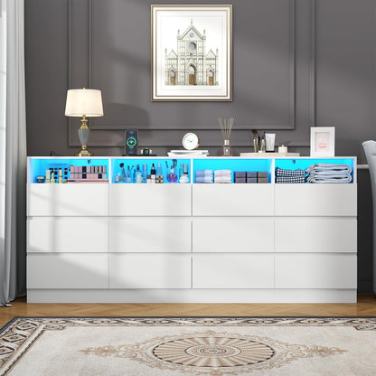 63" Wide 6-Drawer White Dresser with Divided Compartments, Charging Station & LED Lights, TV Stand for TVs up to 75", Large Organizer with 4 Open Cubbies