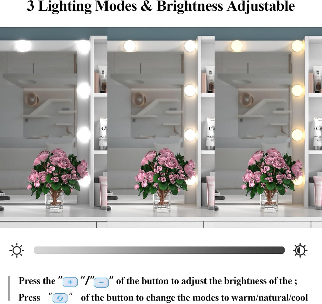 39 Inches White Vanity Desk with Lights, 6-Drawers Makeup Vanity Table with Power Strip and Storage Shelves, Dressing Table with Lighted Mirror for Women Girls