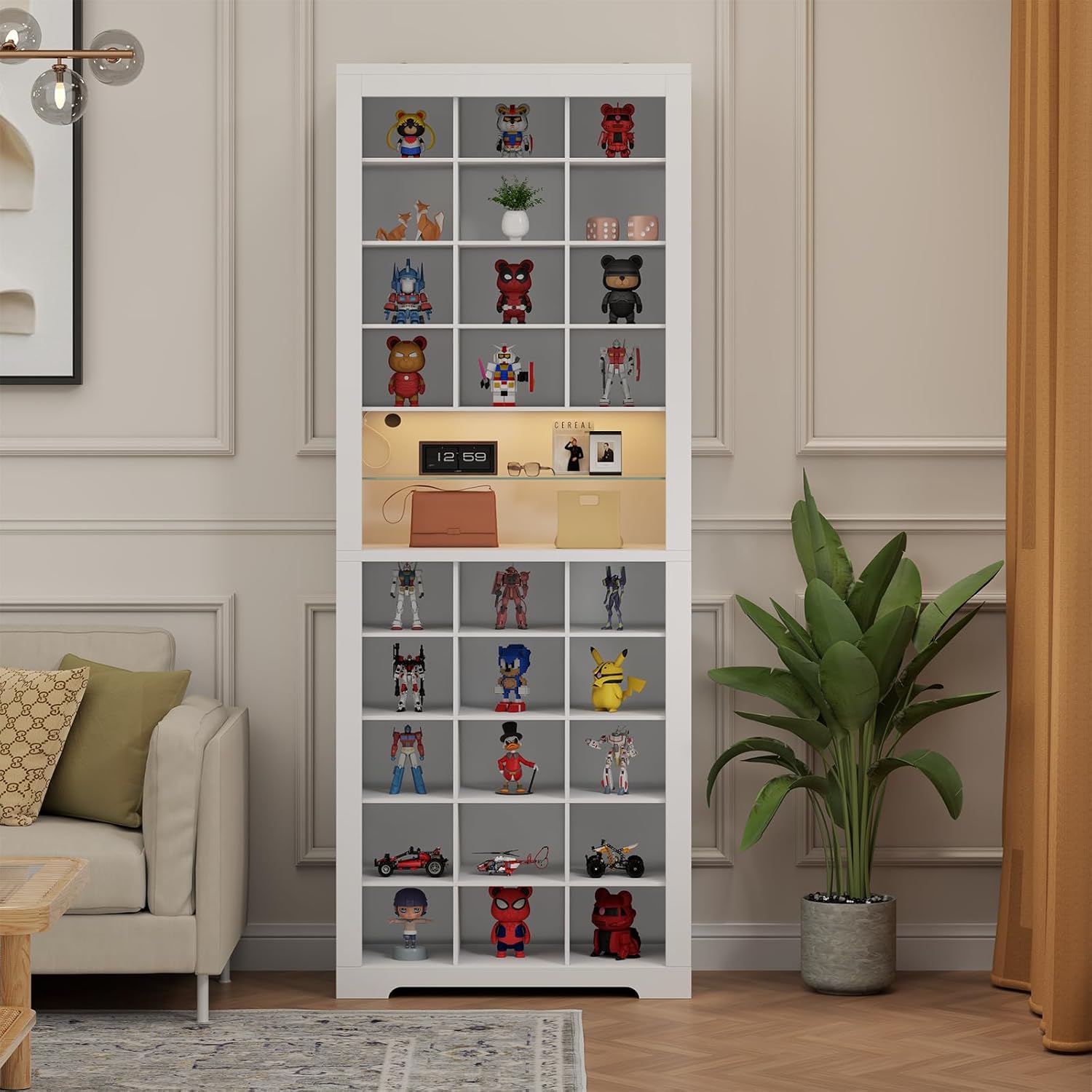 11-Tier Shoe Storage Cabinet, Wooden White Shoe Rack with 27 Cubbies, 69" Tall Free Standing Shoe Organizer with LED Lights & Adjustable Shelf for Entryway, Closet, Display Cabinet for Living Room