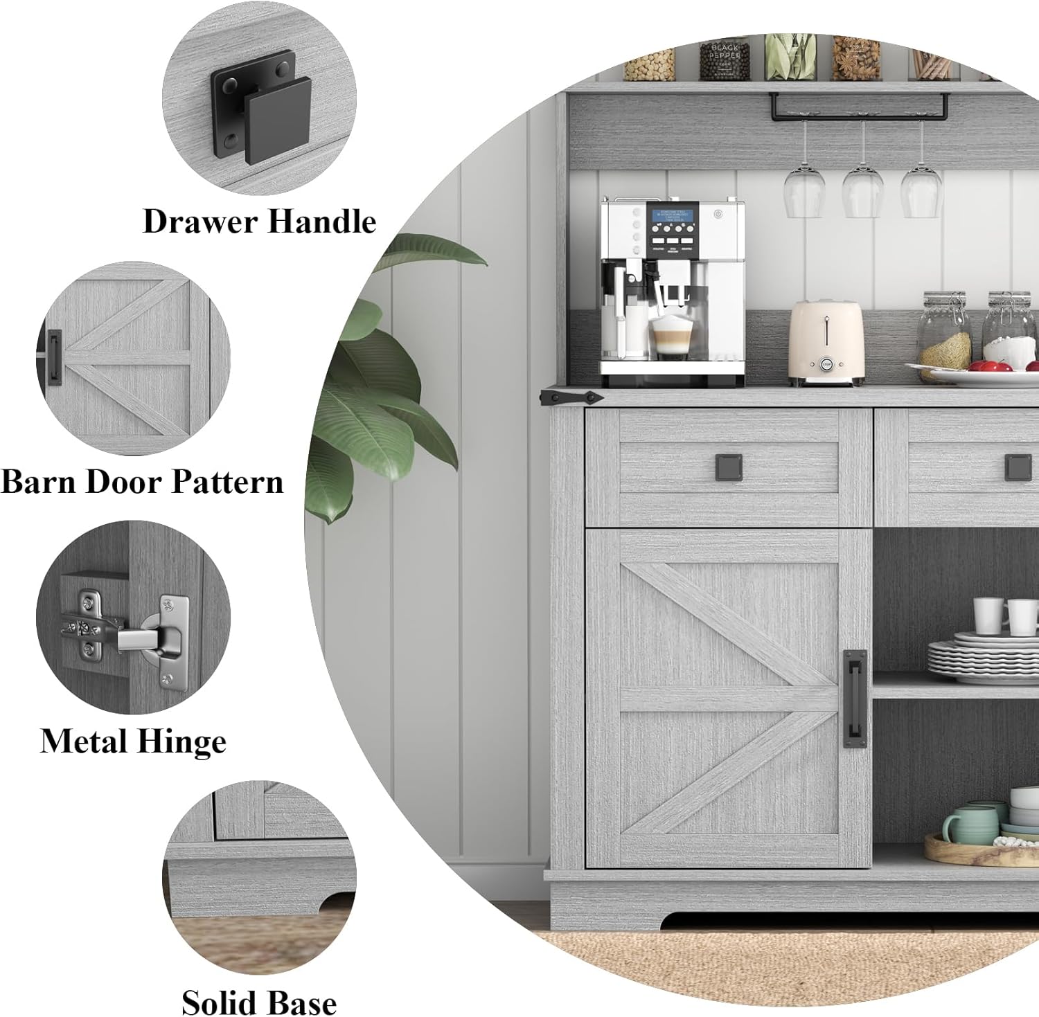 Farmhouse Bar Cabinet with Hutch, Kitchen Buffet Cabinet with Storage Cabinet & 3 Sliding Drawers, Adjustable Shelf, Goblet Holder, Cup Hooks for Living Room, Dining Room Use (Grey)