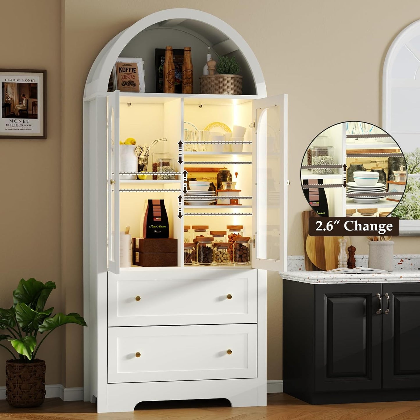 70" Tall Arched Bookcase with LED Lights, Modern Curved Cabinet with Glass Door, Arched Bookshelf Cabinet with 2 Storage Drawers, Display Storage Cabinet with Adjustable Shelves for Living Room,White