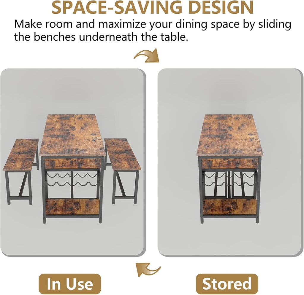Dining Table Set for 4-6 People, 54.7" Kitchen Dinner Table with 2 Bench, Dining Room Tables Set with Storage Drawer & Shelf, 3-Piece Breakfast Nook Tables with Wine Rack &Glass Holder (Rustic)