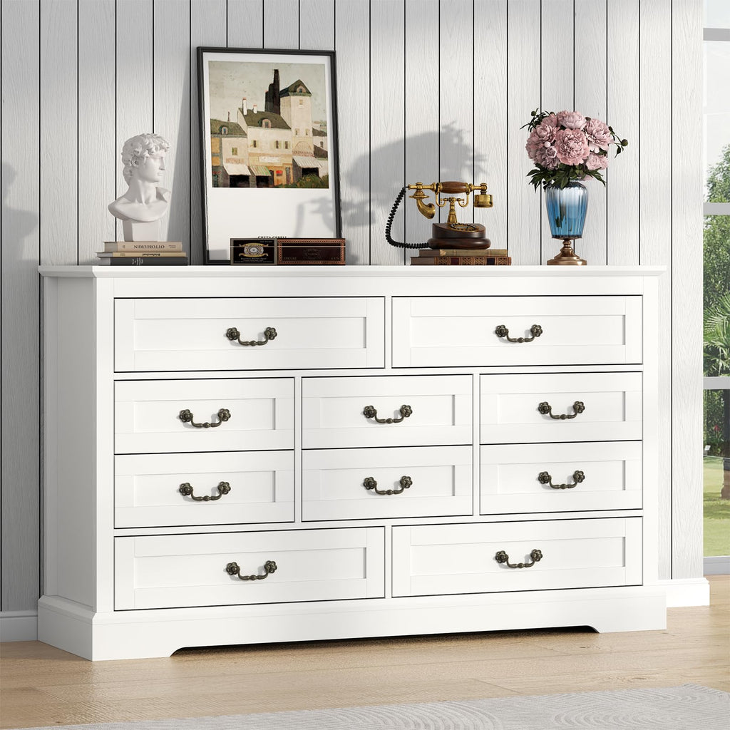 Farmhouse 7 Drawers Dresser for Bedroom, White Dresser Chest of Drawers, Wood Storage Dressers with Deep Drawers and Metal Handle, Wide Modern Dressers & TV Stand for Living Room, Closet, Hallway