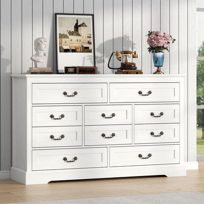 Farmhouse 7 Drawers Dresser for Bedroom, White Dresser Chest of Drawers, Wood Storage Dressers with Deep Drawers and Metal Handle, Wide Modern Dressers & TV Stand for Living Room, Closet, Hallway