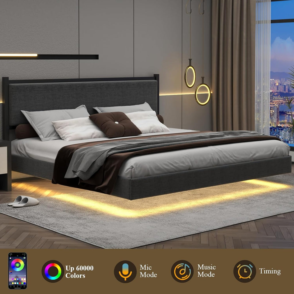 King Floating Bed Frame with LED Light, Modern Upholstered Platform Bed Frame with Double Beams, No Box Spring Needed, Innovative Stable Structure, Easy Assemble (Grey, King (U.S. Standard))
