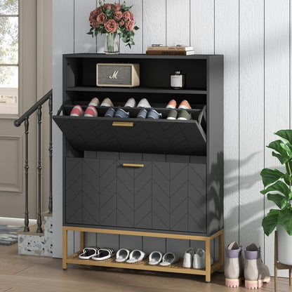 Shoe Storage Cabinet with 2 Flip Drawers, Freestanding Tipping Bucket Shoe Rack Organizer with Top Cubby & Storage Shelf, Narrow Slim Hidden Shoe Cabinet for Entryway, Hallway, Bedroom, Black