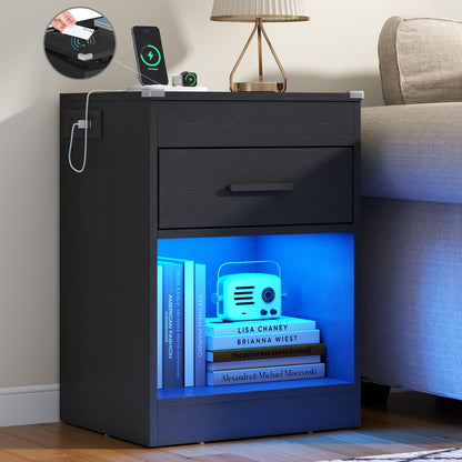 White Nightstand Set of 2 with Charging Station & RFID Lock Cabinet, Hidden Night Stand with LED Lights, Modern Bedside Table with Drawer & Valuables Storage, Secret Concealment Nightstand for Bedroom