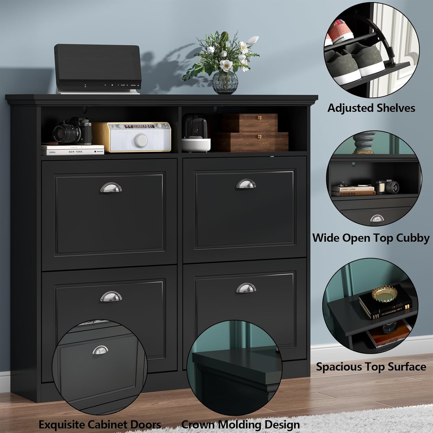 Shoe Cabinet with 4 Flip Drawers, Shoe Storage Cabinet for Entryway, Freestanding Hidden Shoe Cabinet Organizer with Open Storage, Slim Narrow Shoe Rack Cabinet (Black)