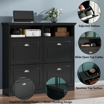 Shoe Cabinet with 4 Flip Drawers, Shoe Storage Cabinet for Entryway, Freestanding Hidden Shoe Cabinet Organizer with Open Storage, Slim Narrow Shoe Rack Cabinet (Black)